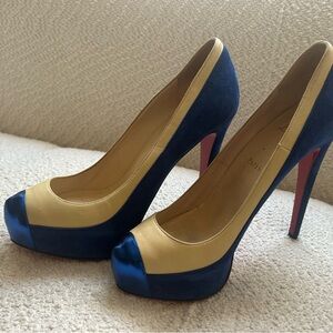 Christian Louboutin Blue and Gold Heels with Red Sole
